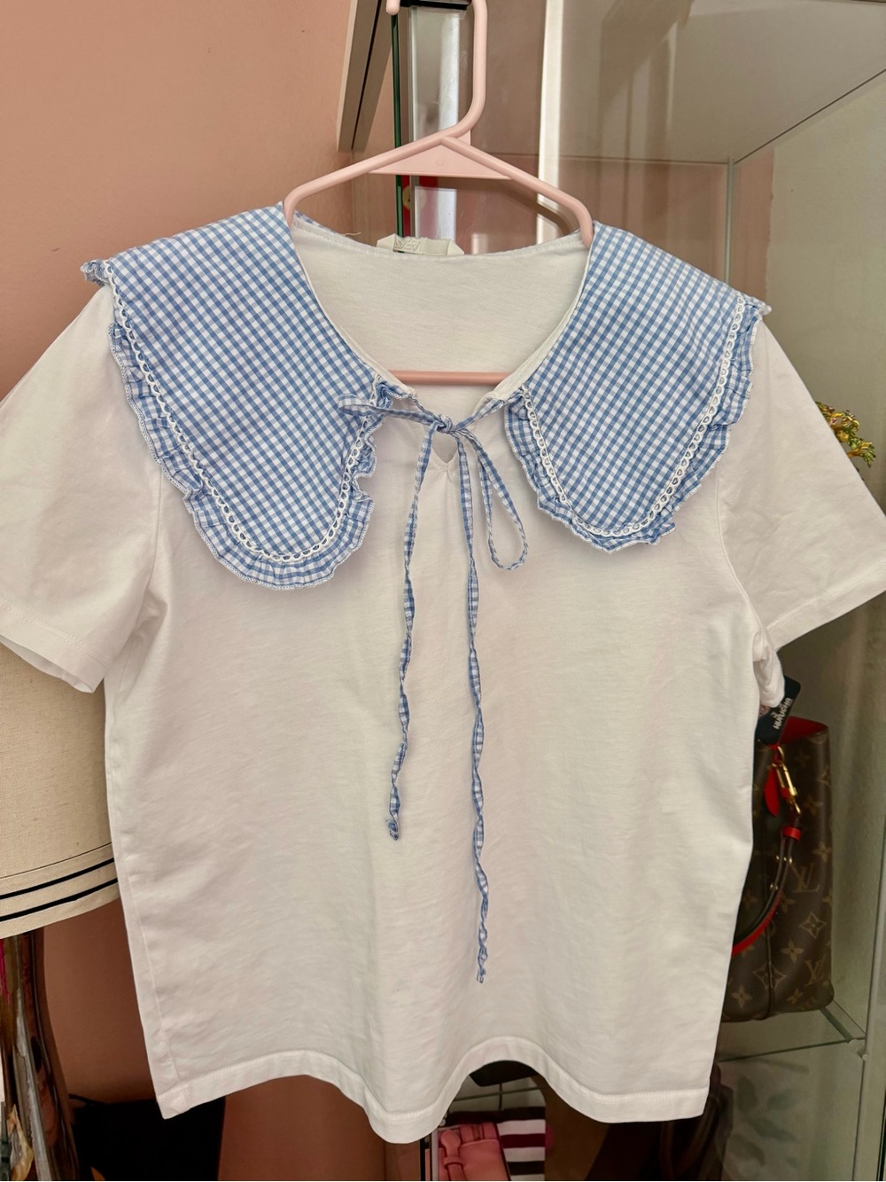 Zara White Tee with Blue Gingham Peter-Collar Tie